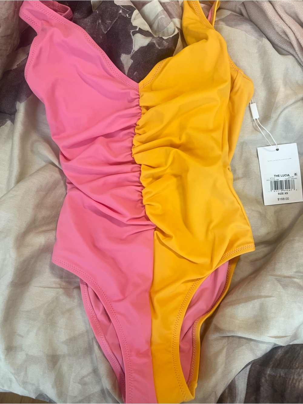 SOLID & STRIPED Two-Tone Pink & Yellow Ruched One-Piece Swimsuit